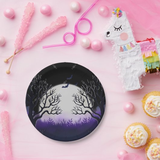 Spooky Tree Lila & Black Full Moon Bat Halloween Pappteller (Party)