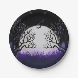 Spooky Tree Lila & Black Full Moon Bat Halloween Pappteller
