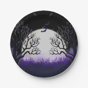Spooky Tree Lila & Black Full Moon Bat Halloween Pappteller