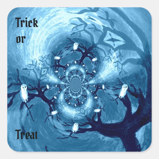 Spooky Tree Owls Trick oder Behandeln nach Maß Quadratischer Aufkleber (Vorderseite)