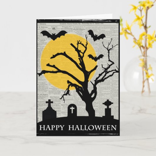 Spooky Tree und Grabstein Halloween Karte (Gelbe Blume)