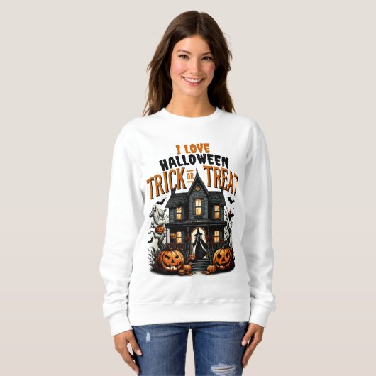 Spooky Trick oder Leckerbissen in einem Spuk Haus Sweatshirt (Vorne ganz)