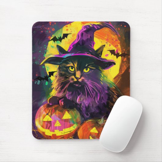 Spooky Turkish Angora Cat Halloween Hexenkürbis Mousepad (Mit Mouse)