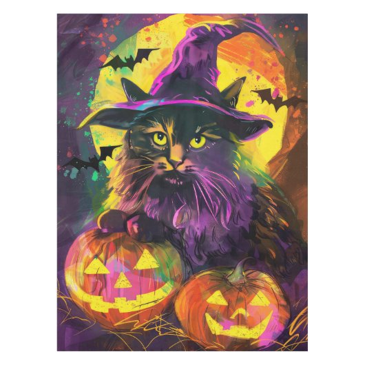 Spooky Turkish Angora Cat Halloween Hexenkürbis Tischdecke (Vorderseite)
