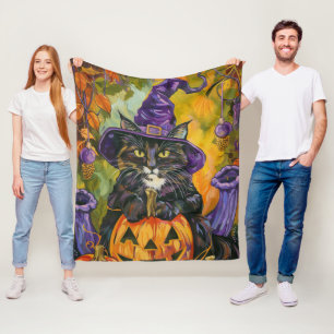 Spooky Tuxedo Katze Halloween Hexe und Pumpkin Fleecedecke