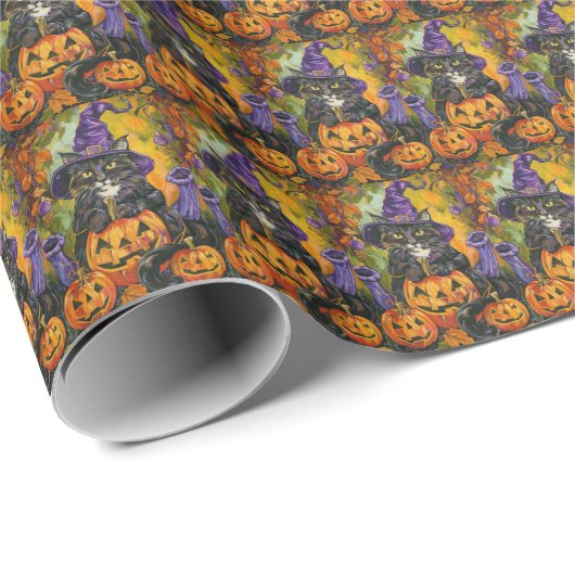 Spooky Tuxedo Katze Halloween Hexe und Pumpkin Geschenkpapier (Rolleneckpunkt)