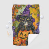 Spooky Tuxedo Katze Halloween Hexe und Pumpkin Golfhandtuch (Insitu)
