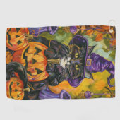 Spooky Tuxedo Katze Halloween Hexe und Pumpkin Golfhandtuch (Horizontal)