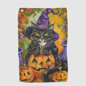 Spooky Tuxedo Katze Halloween Hexe und Pumpkin Golfhandtuch (Vorderseite)