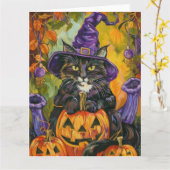 Spooky Tuxedo Katze Halloween Hexe und Pumpkin Karte (Gelbe Blume)