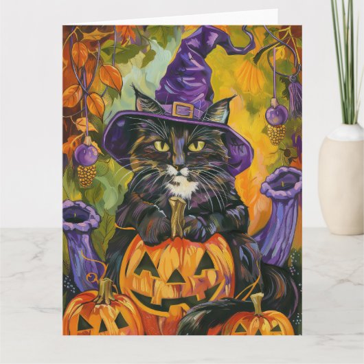 Spooky Tuxedo Katze Halloween Hexe und Pumpkin Karte (Vorderseite)
