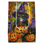 Spooky Tuxedo Katze Halloween Hexe und Pumpkin Mittlere Geschenktüte (Rückseite)