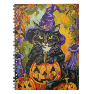 Spooky Tuxedo Katze Halloween Hexe und Pumpkin Notizblock