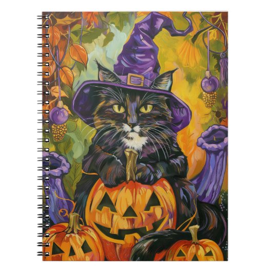 Spooky Tuxedo Katze Halloween Hexe und Pumpkin Notizblock (Vorderseite)