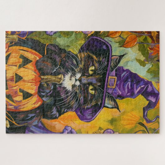 Spooky Tuxedo Katze Halloween Hexe und Pumpkin Puzzle (Horizontal)