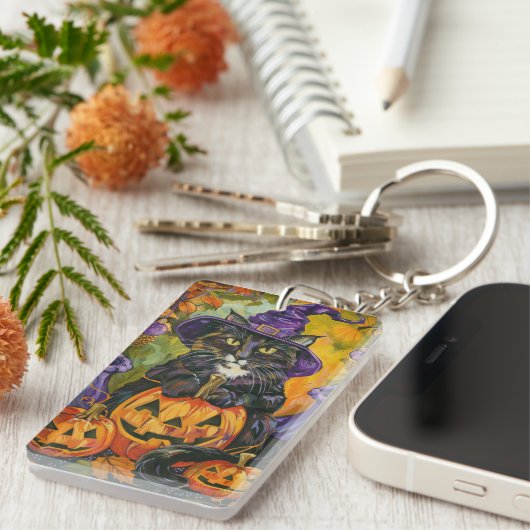 Spooky Tuxedo Katze Halloween Hexe und Pumpkin Schlüsselanhänger (Vorderseite rechts)