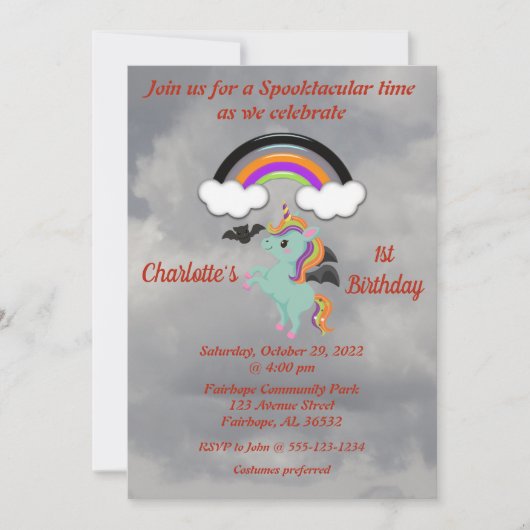 Spooky Unicorn 1. Geburtstag Einladung (Vorderseite)