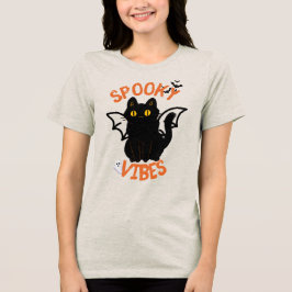 Spooky Vibes Cat Face Halloween T - Shirt