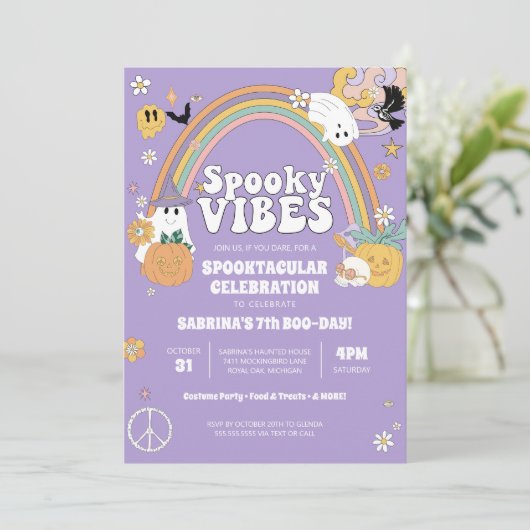 Spooky Vibes Groovy Ghost Hippe Halloween Geburtst Einladung (Stehend Vorderseite)