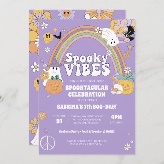 Spooky Vibes Groovy Ghost Hippe Halloween Geburtst Einladung (Vorne/Hinten)