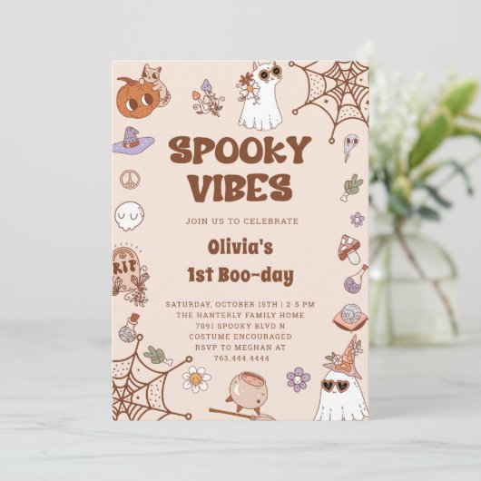 Spooky Vibes Halloween Niedlich Groovy Ghost Gebur Einladung (Stehend Vorderseite)