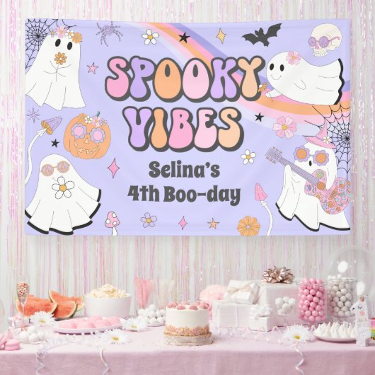 Spooky Vibes Niedlich Halloween Groovy Ghost Gebur Banner (Party)