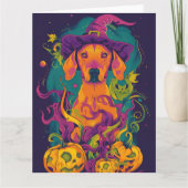 Spooky Vizsla Hund Halloween Hexe und Pumpkin Karte (Vorderseite)