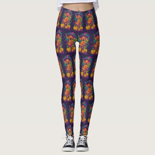 Spooky Vizsla Hund Halloween Hexe und Pumpkin Leggings (Vorderseite)