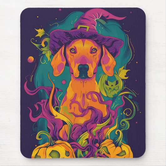 Spooky Vizsla Hund Halloween Hexe und Pumpkin Mousepad (Vorne)