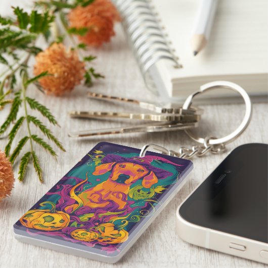 Spooky Vizsla Hund Halloween Hexe und Pumpkin Schlüsselanhänger (Vorderseite rechts)