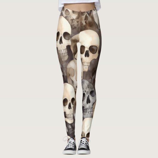 Spooky Watercolor Skulls Halloween Leggings (Vorderseite)