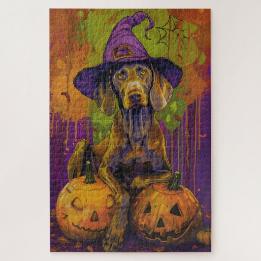 Spooky Weimaraner Hund Halloween Hexe und Pumpkin Puzzle (Vertikal)