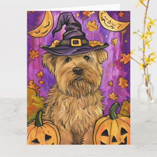 Spooky Wheaten Terrier Dog Halloween Hexenkürbis Karte (Gelbe Blume)