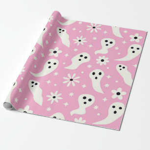 Spooky White Ghosts mit Retro-Blume auf Pink Geschenkpapier