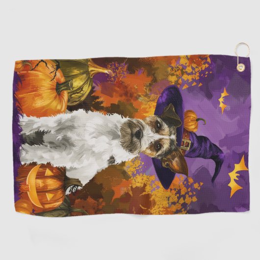 Spooky Wirefox Terrier Dog Halloween Hexenkürbis Golfhandtuch (Horizontal)
