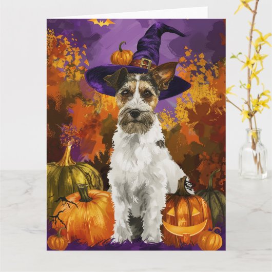 Spooky Wirefox Terrier Dog Halloween Hexenkürbis Karte (Gelbe Blume)