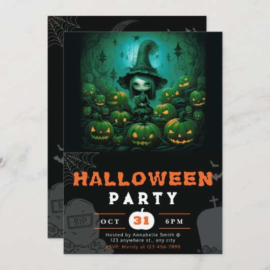 Spooky Witch Jack-O' Lanterns Full Moon Halloween Einladung (Vorne/Hinten)