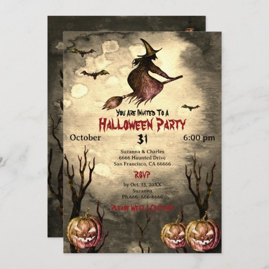 Spooky Witch Pumpkins Halloween-Party Einladung (Vorne/Hinten)