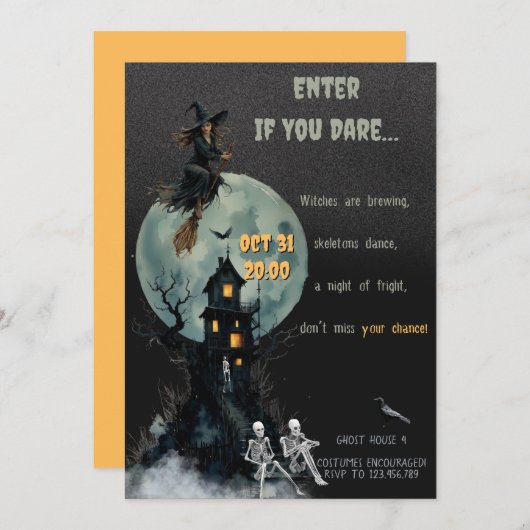 Spooky Witch Skeleton - Haunted House | Halloween Einladung (Vorne/Hinten)