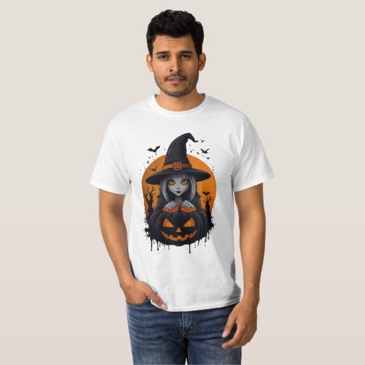 Spooky Witch with Jack-o’-Lantern Art T-Shirt (Vorne ganz)