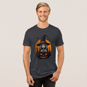 Spooky Witch with Jack-o’-Lantern Art Tri-Blend Shirt