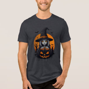 Spooky Witch with Jack-o’-Lantern Art Tri-Blend Shirt
