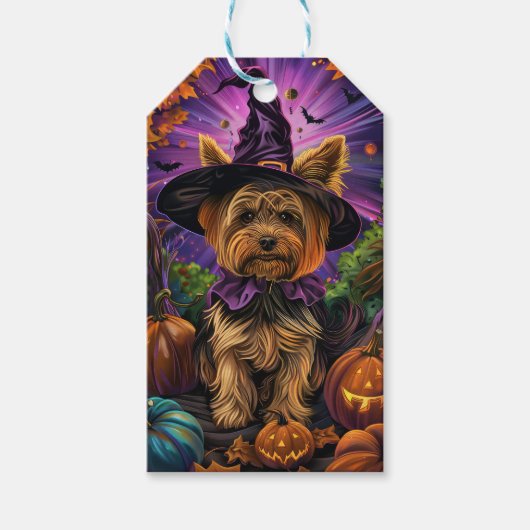 Spooky Yorkipoo Hund Halloween Hexe und Pumpkin Geschenkanhänger (Vorderseite)