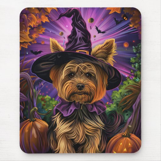 Spooky Yorkipoo Hund Halloween Hexe und Pumpkin Mousepad (Vorne)
