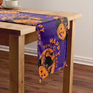 Spooky Yowl-O-Ween Black Cat auf einem Jack O' Lan Kurzer Tischläufer