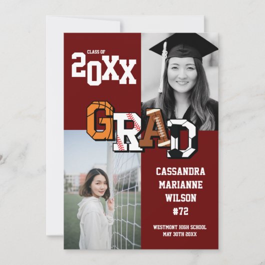 Sport Abschluss Fußball Basketball Fußball Maroon Einladung (Vorderseite)