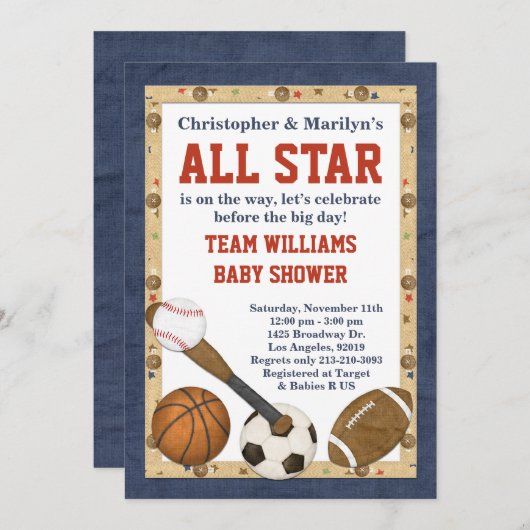 Sport All Star Baby Dusche Einladung (Vorne/Hinten)