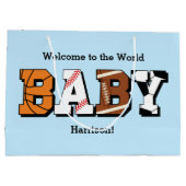 Sport Baby Dusche Co-ed Thema Boy Blue Große Geschenktüte (Rückseite)