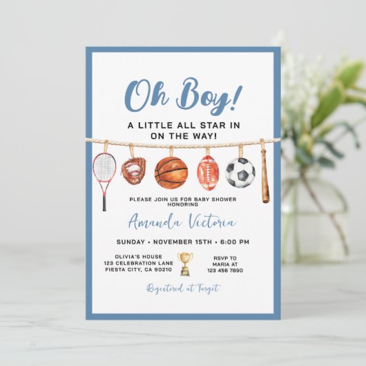 Sport Boy Ball All Star Themed Party Baby Shower Einladung (Stehend Vorderseite)