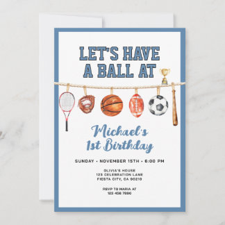 Sport Boy Ball All Star Themed Party Blue Birthday Einladung